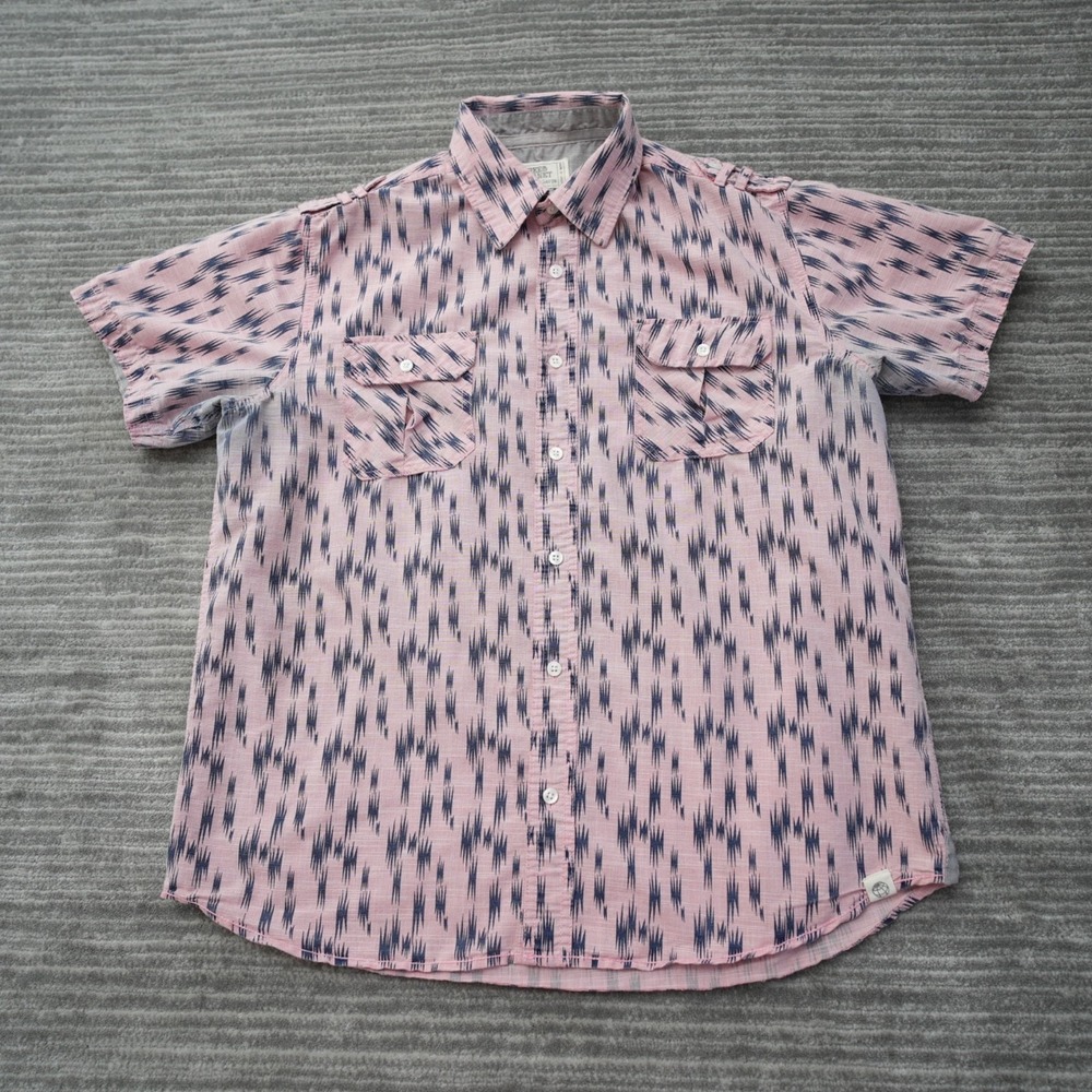 Free Planet Shirt Men Button‎ Up Pink Short Sleeve Cotton 2 Pockets Stained XL
